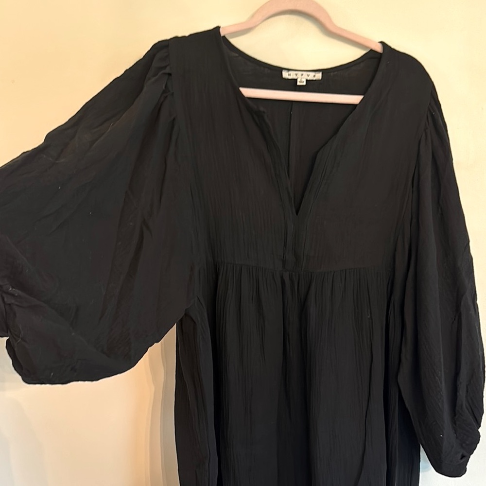 Black Cotton Gauze Balloon Sleeve Beach Coverup Mini Dress NWoT Womens Sz L